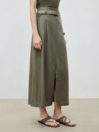 ZIQIAO 2025 Summer Women's Linen A-Line Midi Skirt - Triple Vent Hem & Breathable Styling Casual Loose Skirts 25ZQ92182