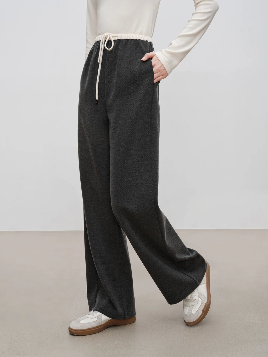 ZIQIAO 4.6% Wool 76.5% Cotton Straight Chic Long Pants for Women 2024 Winter New Design High Waist Warm Grey Pants 24ZQ94388