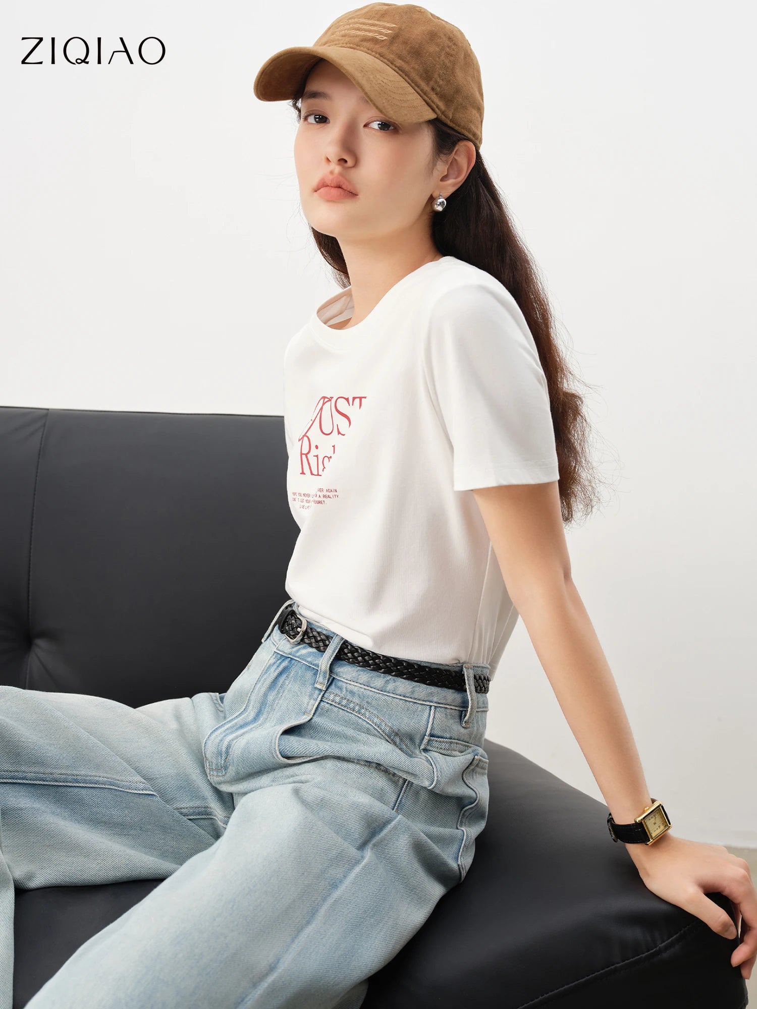 ZIQIAO Simple Printed Straight Shoulder Round Neck T-shirt Women's Short Sleeve 2025 Summer New 25ZQ92367