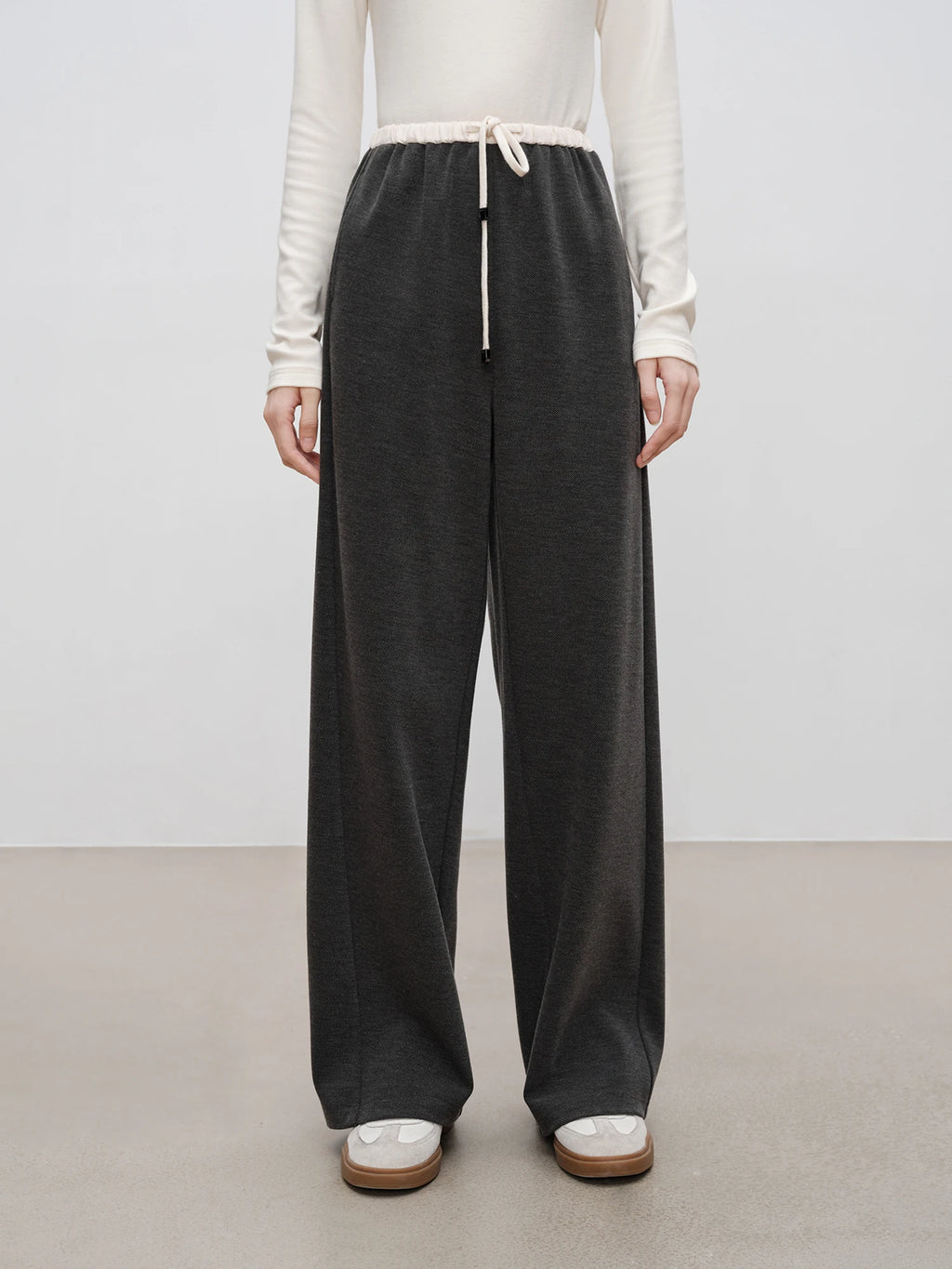 ZIQIAO 4.6% Wool 76.5% Cotton Straight Chic Long Pants for Women 2024 Winter New Design High Waist Warm Grey Pants 24ZQ94388