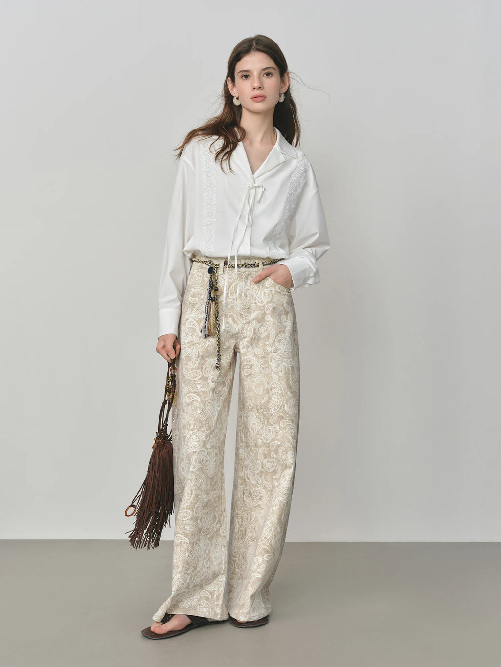 FSLE Retro Full Print Curved Jeans Women 2025 New Autumn Straight Loose Casual Pants 25FS13216