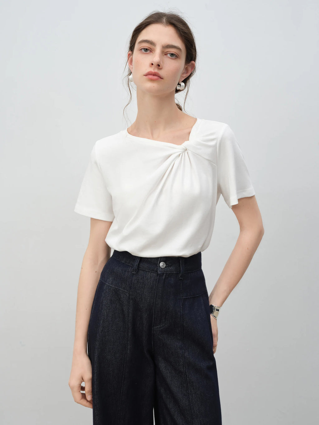 ZIQIAO Asymmetrical Knot Design - Petite Women's Short Sleeve T-Shirt - 2025 New Arrival Summer Slimming Versatile Top 25ZQ92102