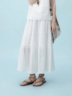 ZIQIAO 2025 Summer Women's Laser-Cut Round Neck Two-Piece Set - Petite-Optimized Slimming Silhouette & Textured Chiffon Skirt