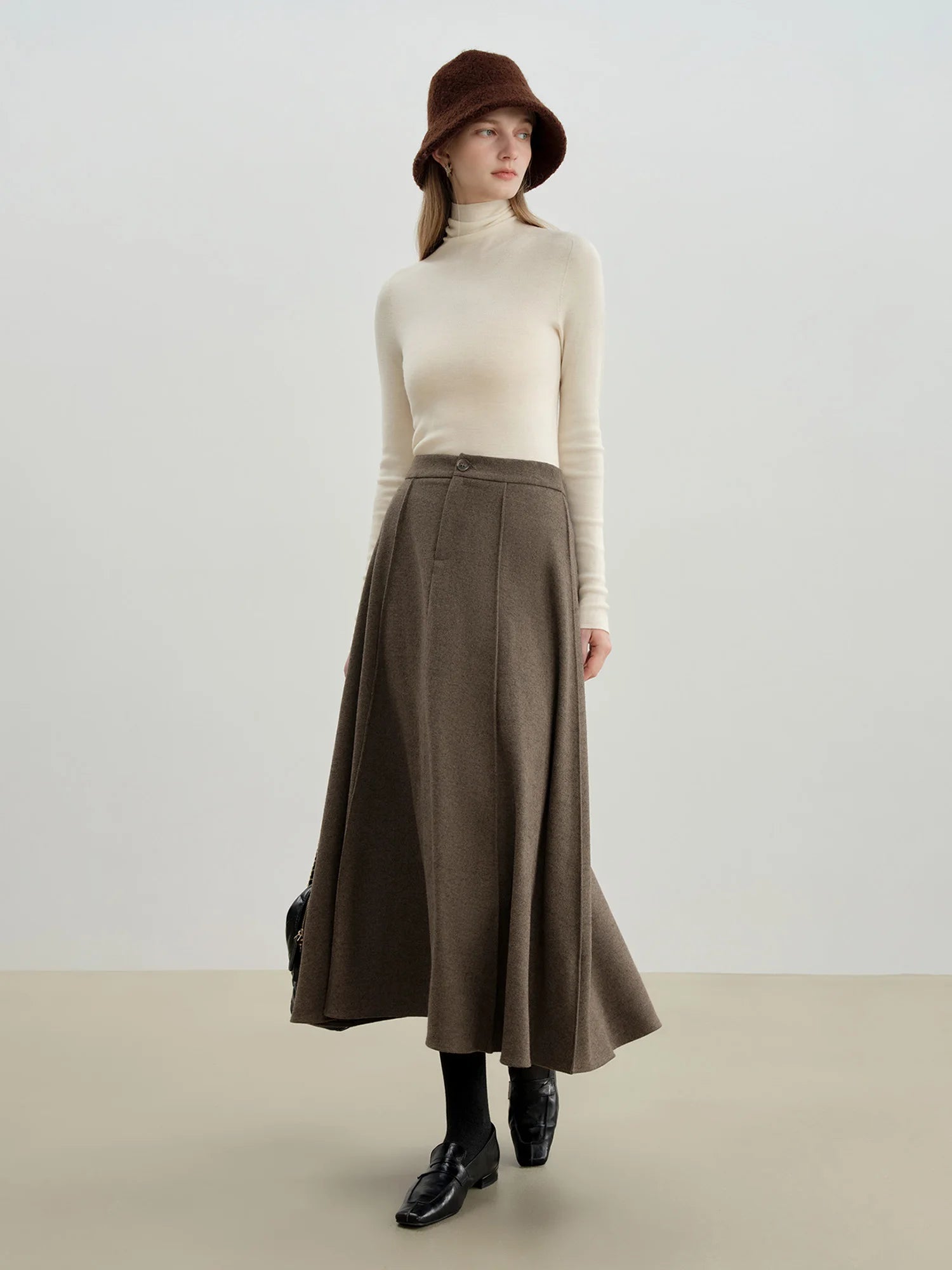 ZIQIAO 2025 Autumn Winter New Arrival Elegant 3D-Seamed Wool Draping Flared Umbrella-Style Skirt Stylish Half-Length Slim Skirts