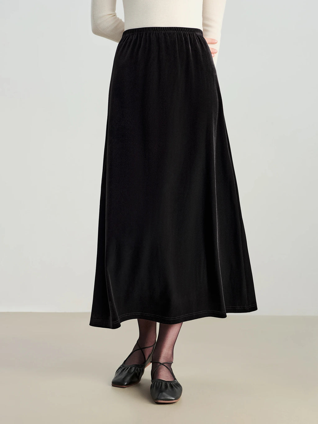 ZIQIAO French Style Black Velvet A-Line Midi Skirt for Women 2025 Autumn Winter New High-End Sense Long Hem Semi-Skirt Elegant
