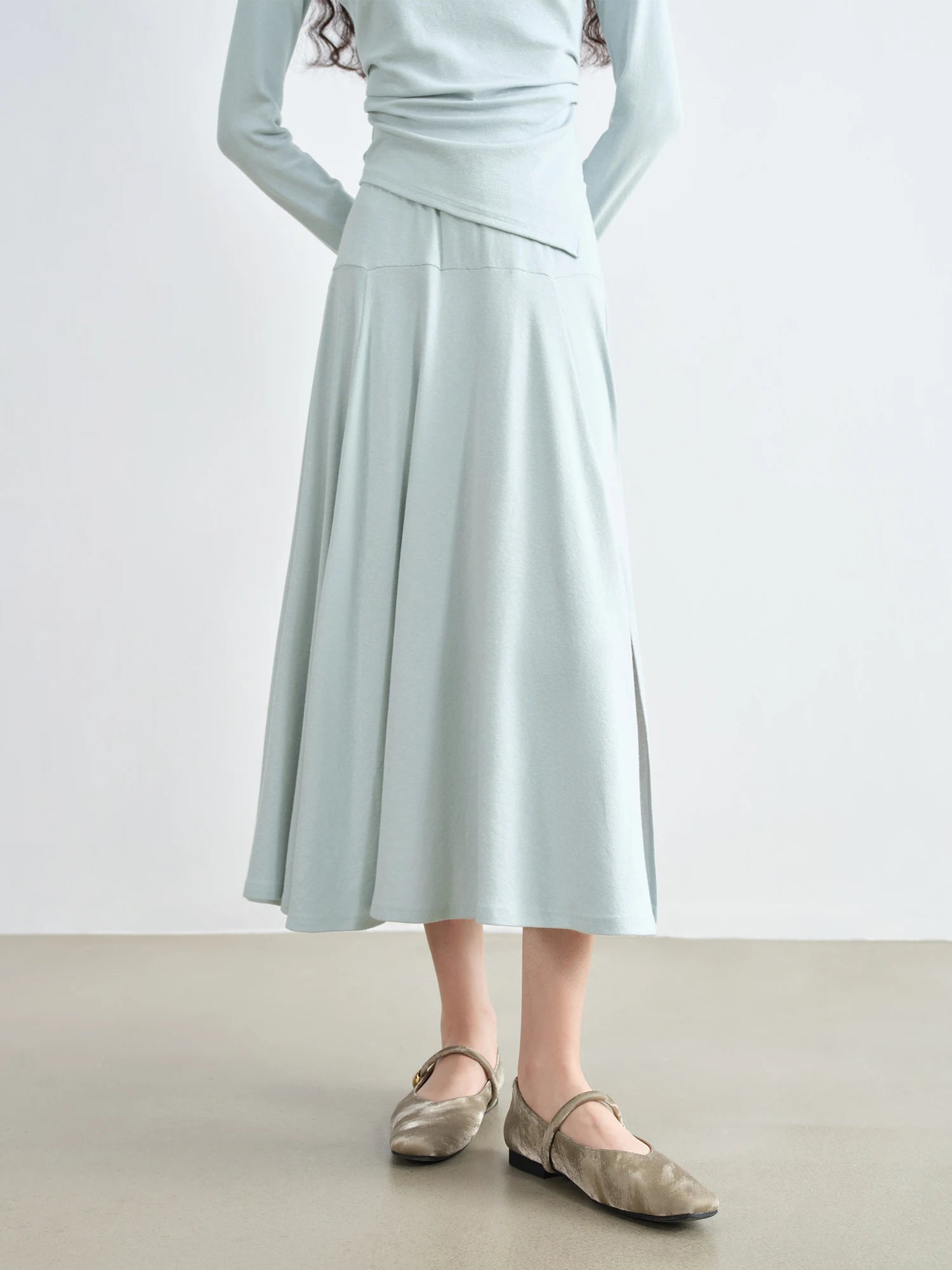 ZIQIAO Autumn 2025 Long Sleeve Set - Blue Soft Tone Matching Top & Skirt Long Length Women Casual Outfit