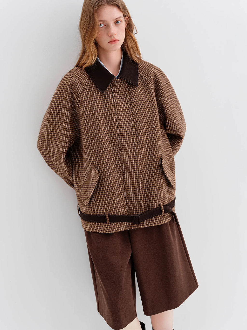 FSLE 2025 Winter Women's Color Block Houndstooth Short Jacket - Lapel Collar Raglan Sleeve Crop Outerwear for Casual Style