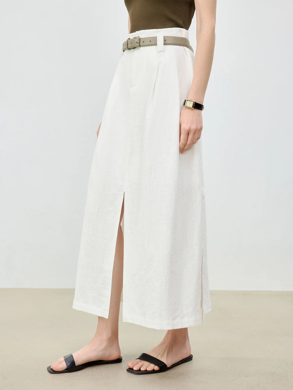 ZIQIAO 2025 Summer Women's Linen A-Line Midi Skirt - Triple Vent Hem & Breathable Styling Casual Loose Skirts 25ZQ92182