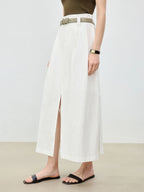 ZIQIAO 2025 Summer Women's Linen A-Line Midi Skirt - Triple Vent Hem & Breathable Styling Casual Loose Skirts 25ZQ92182