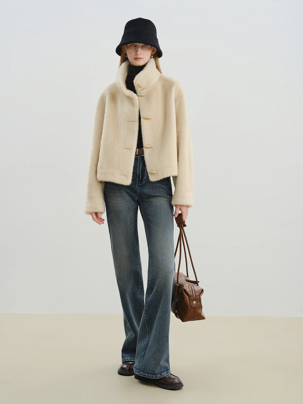 ZIQIA 2025 Winter Women Short Faux Fur Coat with Toggle Buttons - Eco-Friendly Integrated Fur Leather Look New Arrival Outerwear