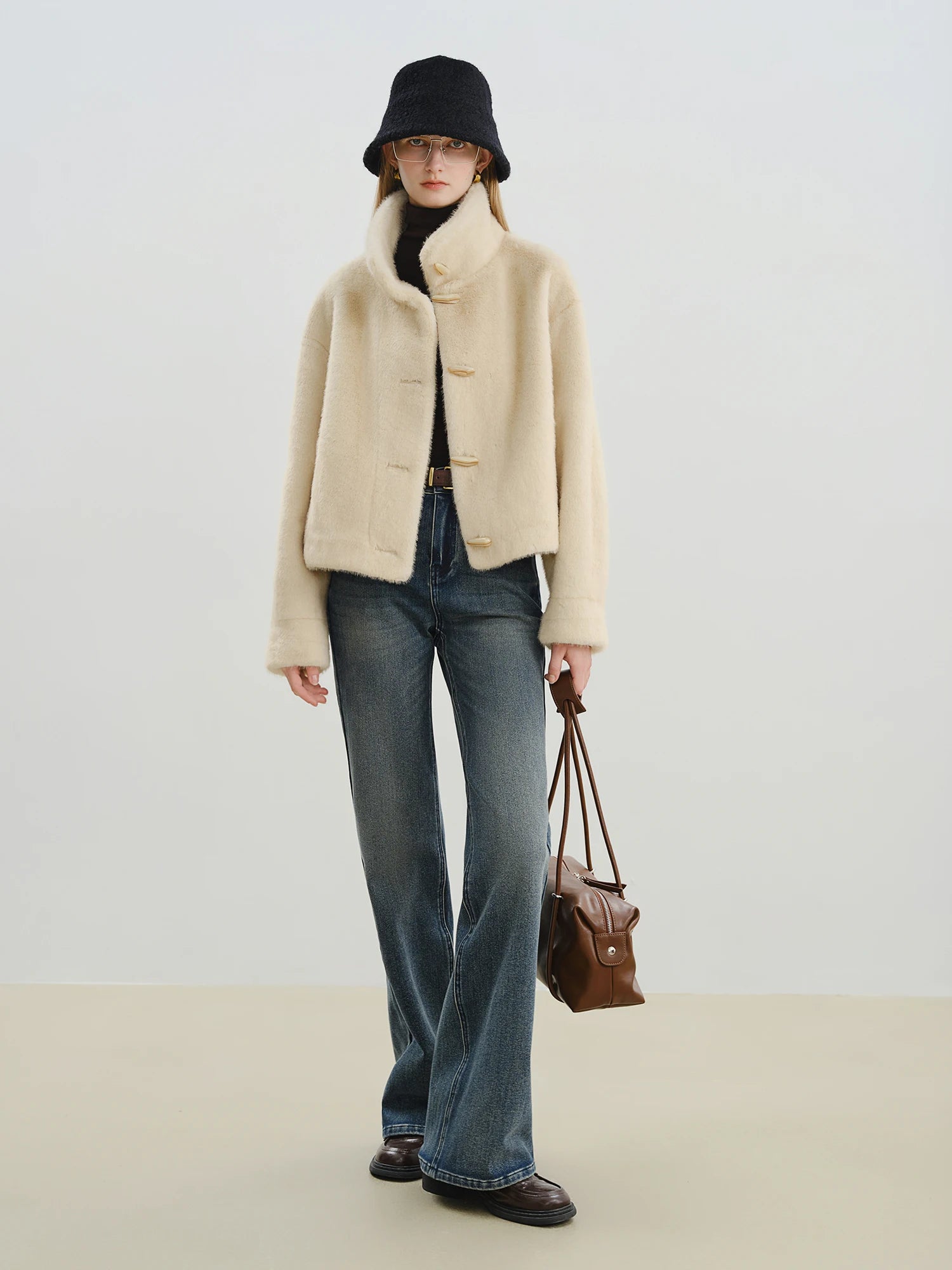 ZIQIA 2025 Winter Women Short Faux Fur Coat with Toggle Buttons - Eco-Friendly Integrated Fur Leather Look New Arrival Outerwear