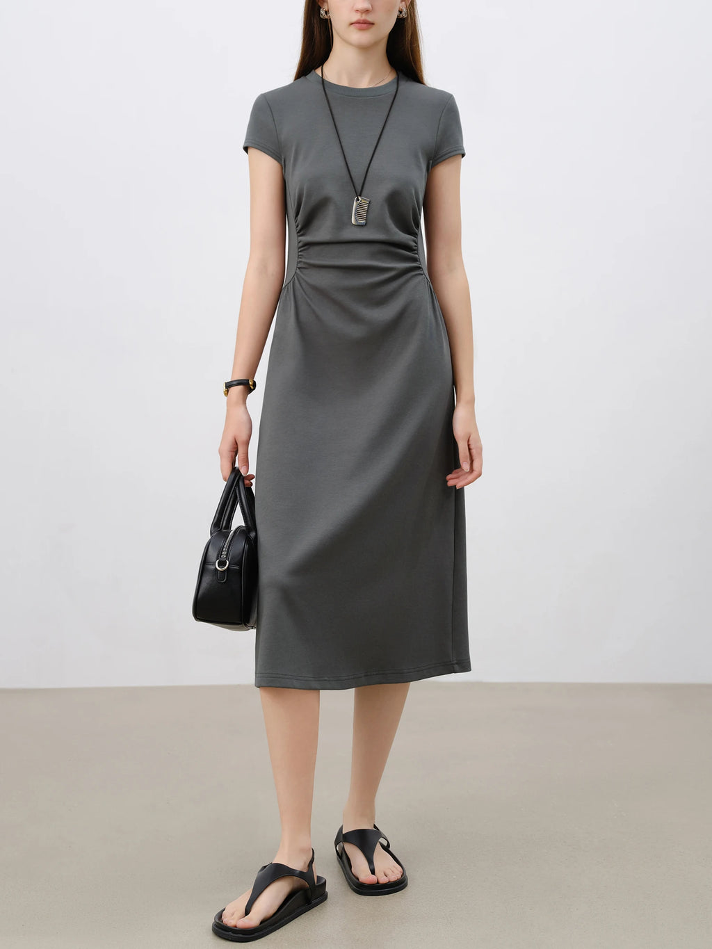 ZIQIAO 2025 SS Petite Women Slim Fit Waist-Cinching Knit Dress - Stretchy Bodycon Midi Dress Round Neck Casual Minimalist