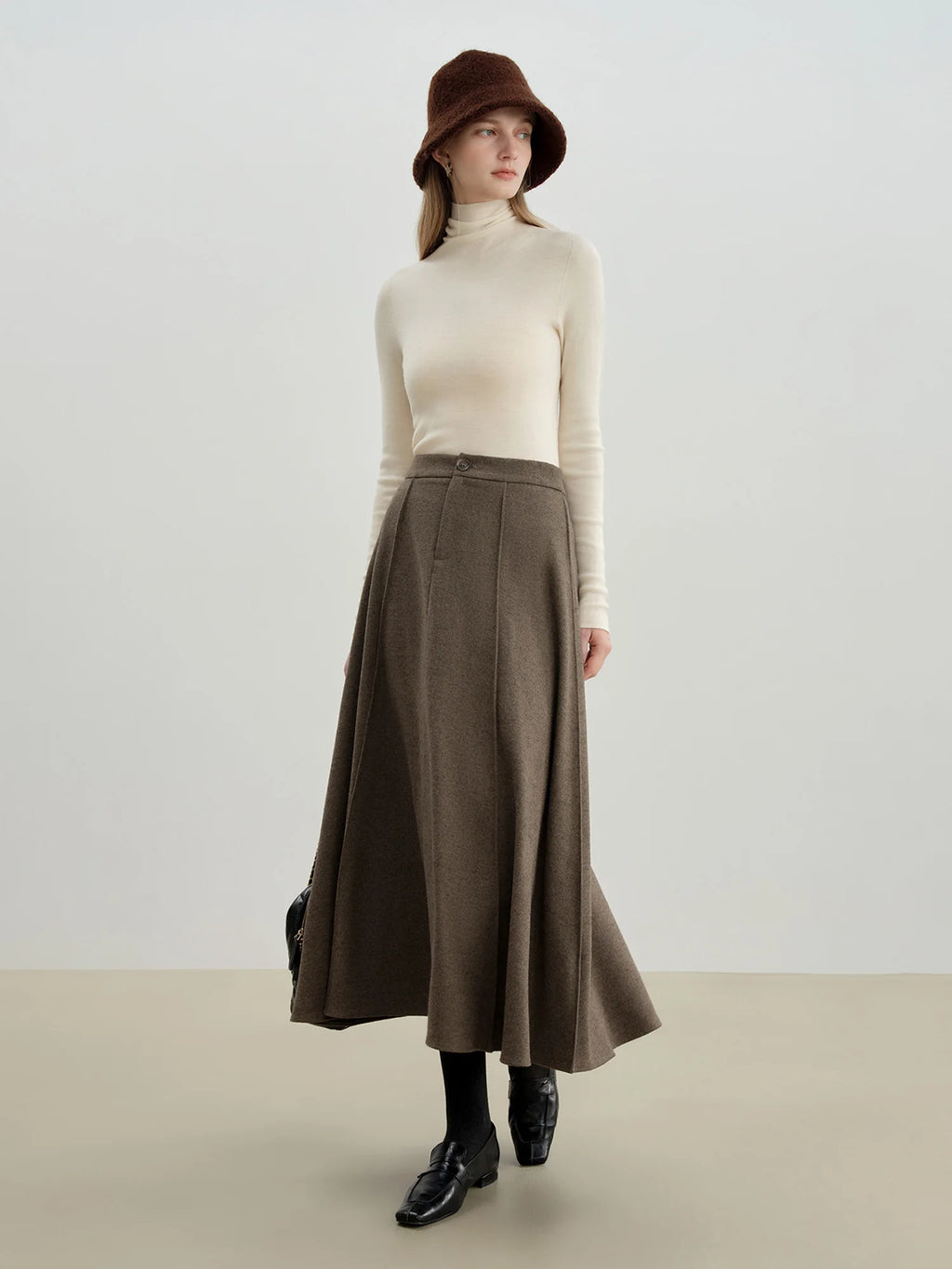 ZIQIAO 2025 Autumn Winter New Arrival Elegant 3D-Seamed Wool Draping Flared Umbrella-Style Skirt Stylish Half-Length Slim Skirts