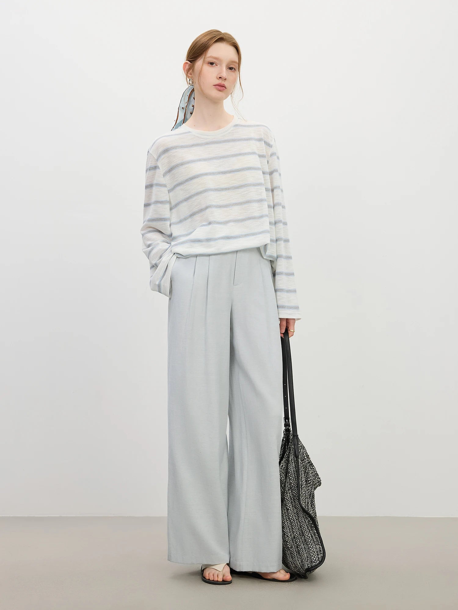 FSLE Women Casual Relaxed Linen Blend High-waisted Wide-leg Straight-leg Pants New Summer 2025 Pants 25FS12748