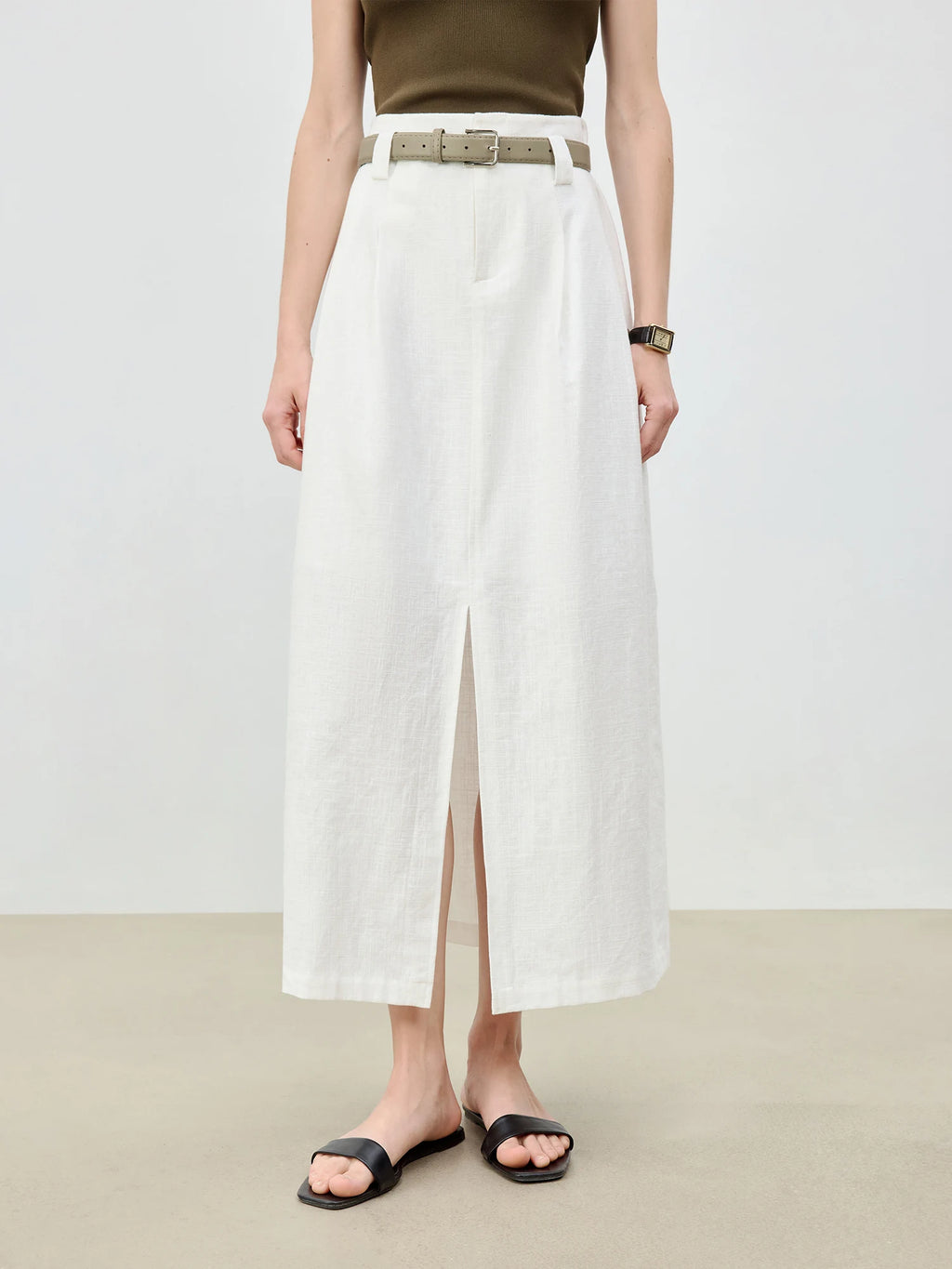 ZIQIAO 2025 Summer Women's Linen A-Line Midi Skirt - Triple Vent Hem & Breathable Styling Casual Loose Skirts 25ZQ92182