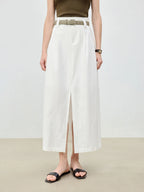 ZIQIAO 2025 Summer Women's Linen A-Line Midi Skirt - Triple Vent Hem & Breathable Styling Casual Loose Skirts 25ZQ92182