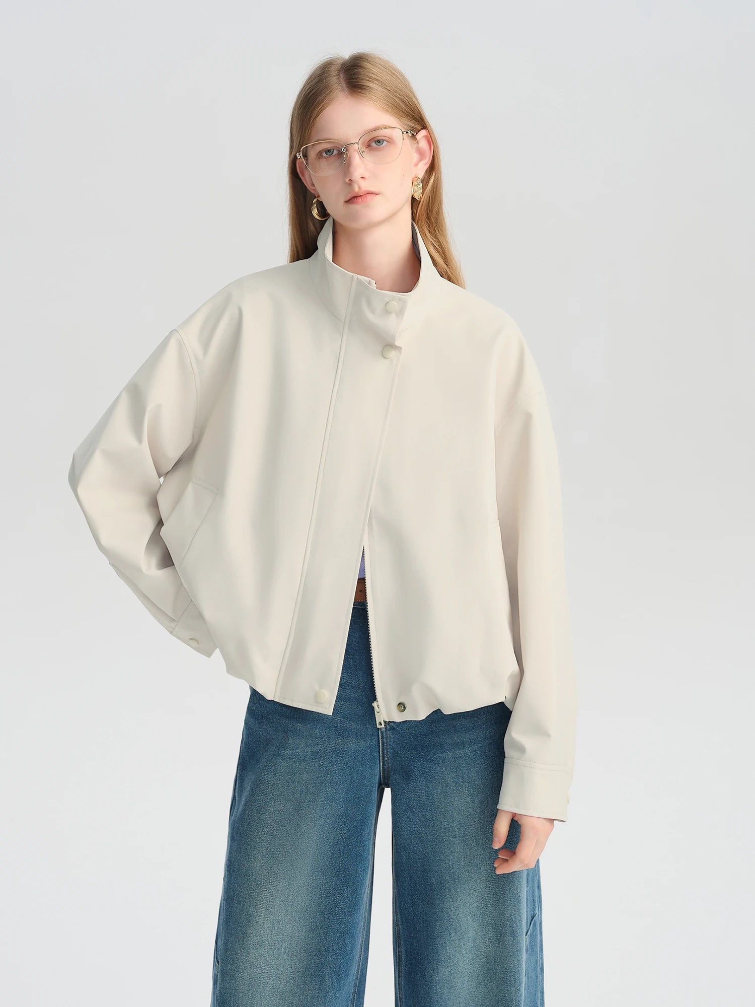 ZIQIAO Autumn 2025 Women's Cropped Stand Collar Jacket - Relaxed Fit Casual Short Outerwear Lightweight Layering Basic Top