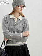 ZIQIAO 2025 Early Autumn New Arrival Stylish Cable Knit Polo Sweater for Petite Women College-inspired Wool Knitwear Pullovers