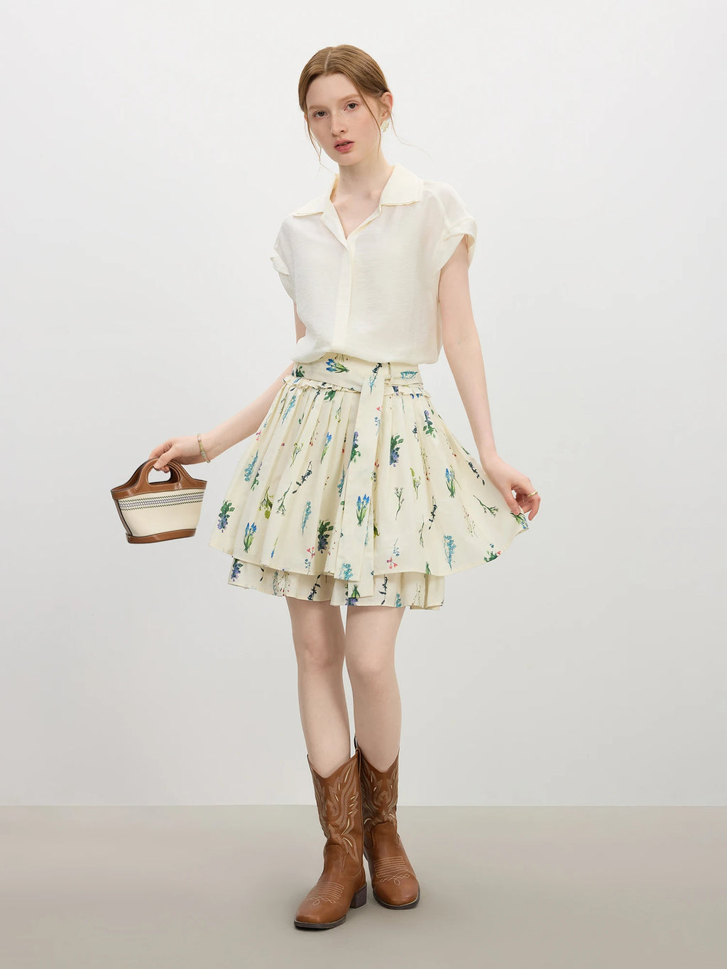 FSLE 2025 Summer Pleated Skirt Women's Printed Flared Midi Skirt Trendy Y2K Casual High Waist A-Line Skirt 25FS12786