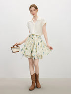 FSLE 2025 Summer Pleated Skirt Women's Printed Flared Midi Skirt Trendy Y2K Casual High Waist A-Line Skirt 25FS12786