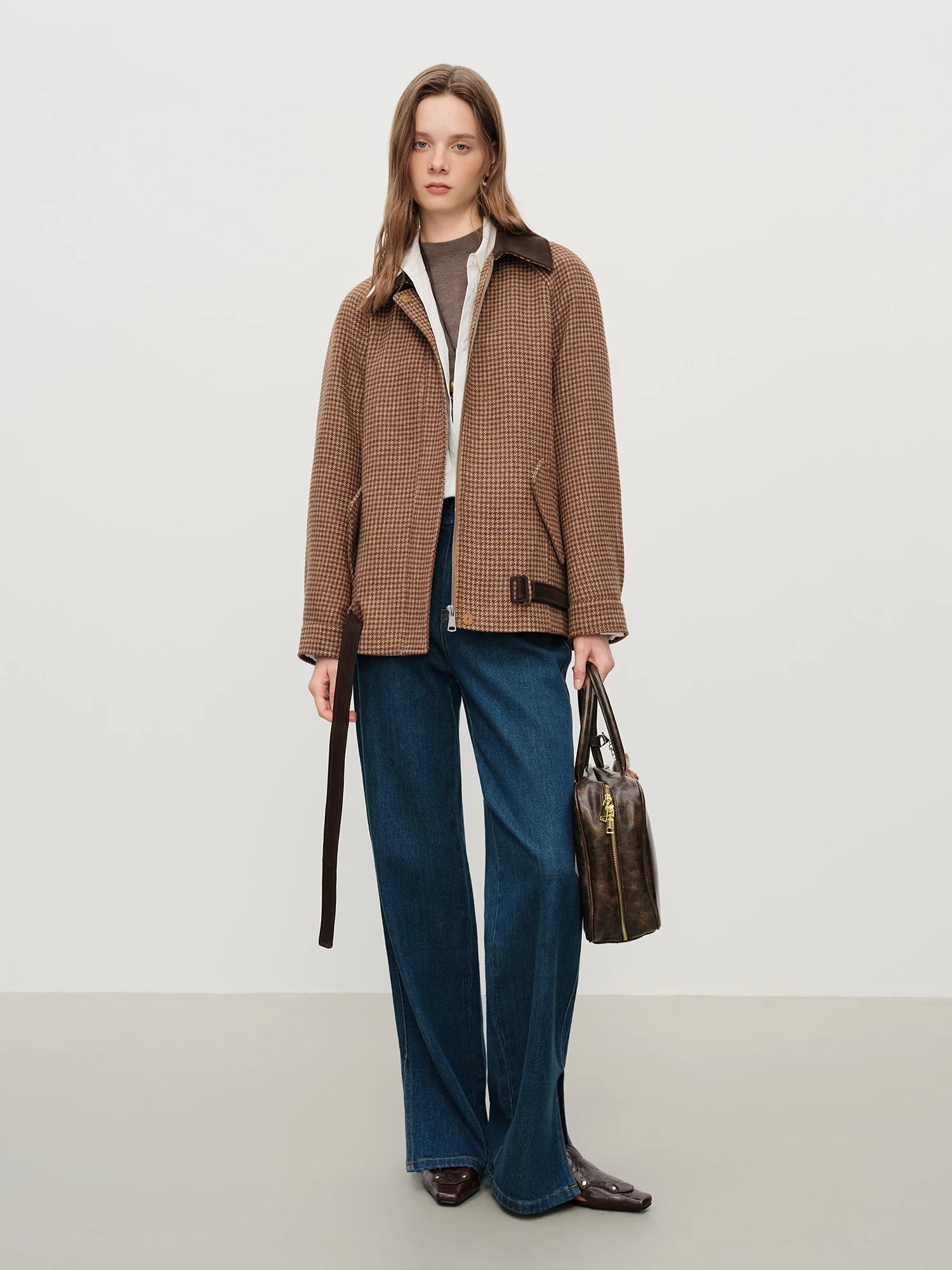 FSLE 2025 Winter Women's Color Block Houndstooth Short Jacket - Lapel Collar Raglan Sleeve Crop Outerwear for Casual Style