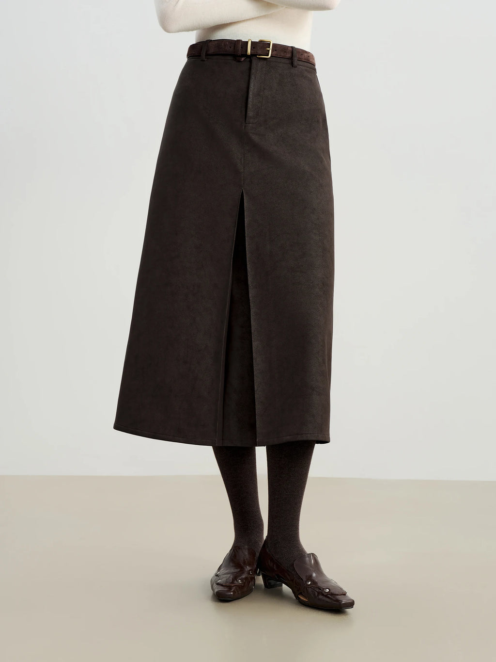 ZIQIAO 2025 Autumn Winter Women Retro Brown PU Leather Box Pleated Skirt - High Waist Midi Length A-Line Skirt for Casual