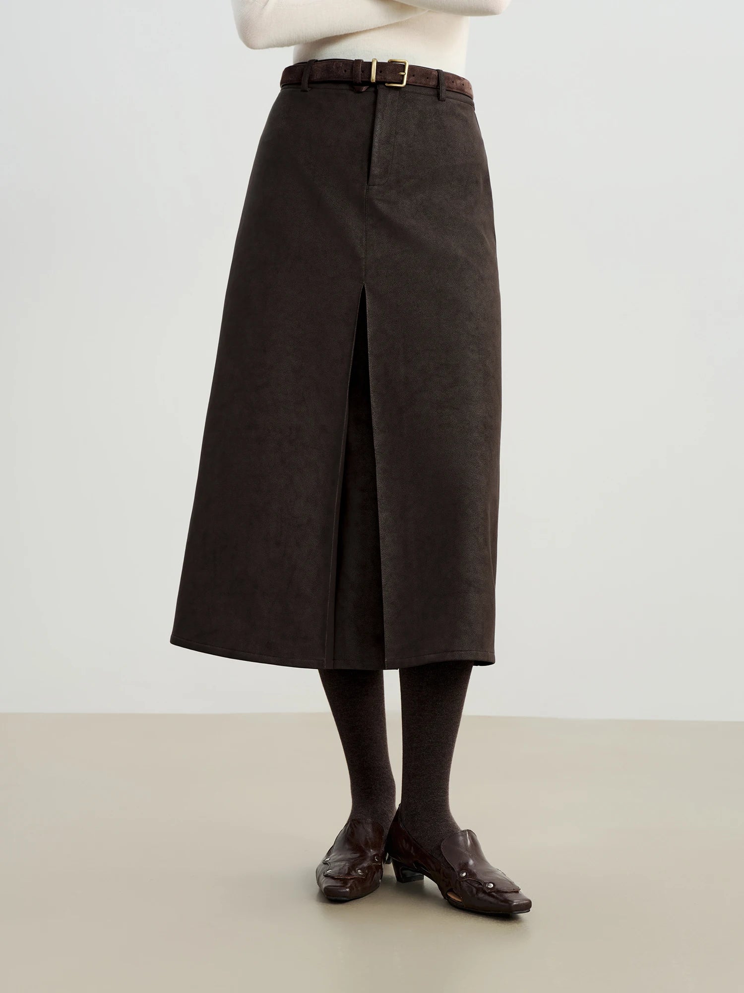 ZIQIAO 2025 Autumn Winter Women Retro Brown PU Leather Box Pleated Skirt - High Waist Midi Length A-Line Skirt for Casual