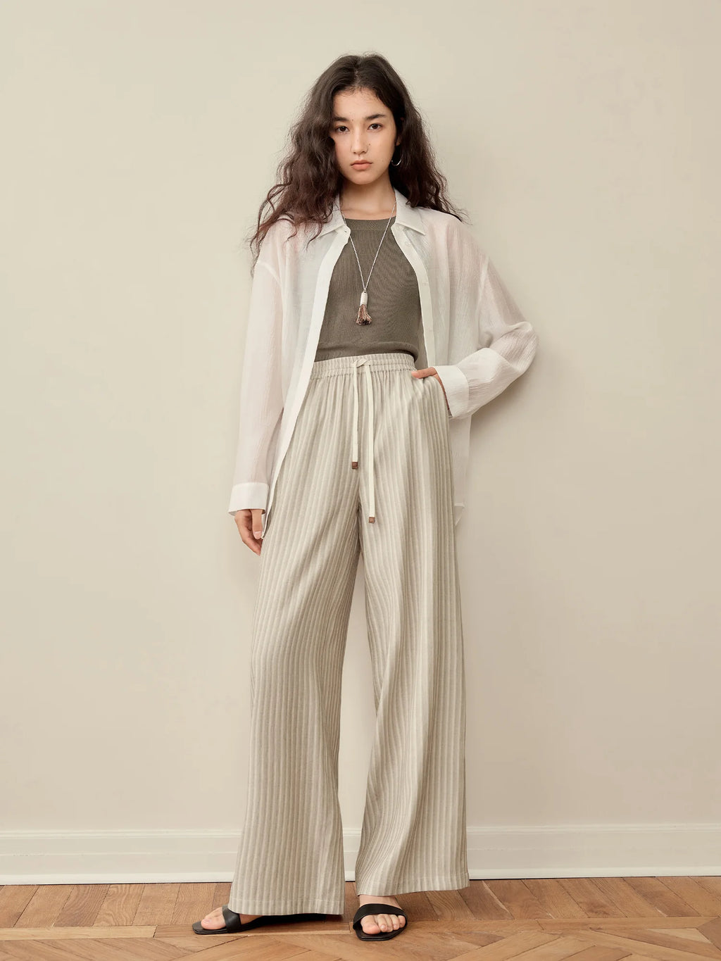 ZIQIAO 2025 Women's Elastic-Waist Wide-Leg Pants - Artistic Stripe & Fluid Drape Silhouette Casual Loose Pants 25ZQ92277