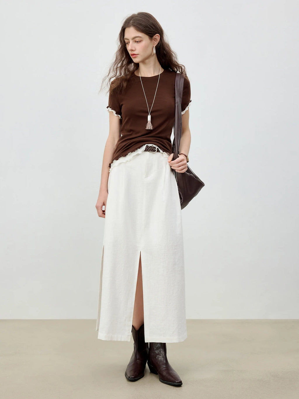 ZIQIAO 2025 Summer Women's Linen A-Line Midi Skirt - Triple Vent Hem & Breathable Styling Casual Loose Skirts 25ZQ92182