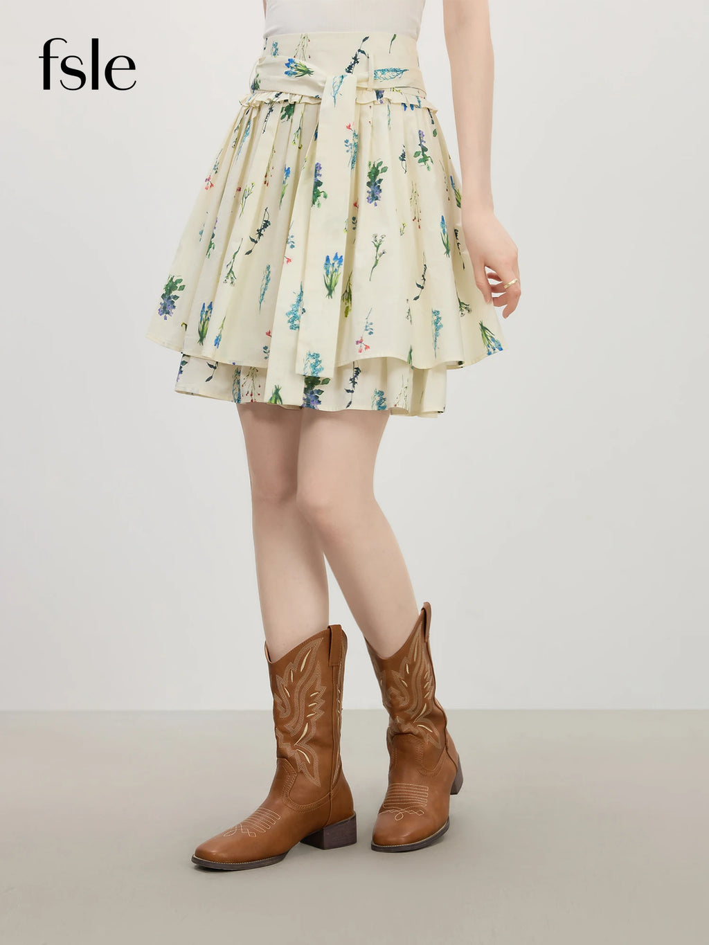 FSLE 2025 Summer Pleated Skirt Women's Printed Flared Midi Skirt Trendy Y2K Casual High Waist A-Line Skirt 25FS12786