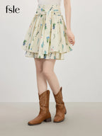 FSLE 2025 Summer Pleated Skirt Women's Printed Flared Midi Skirt Trendy Y2K Casual High Waist A-Line Skirt 25FS12786