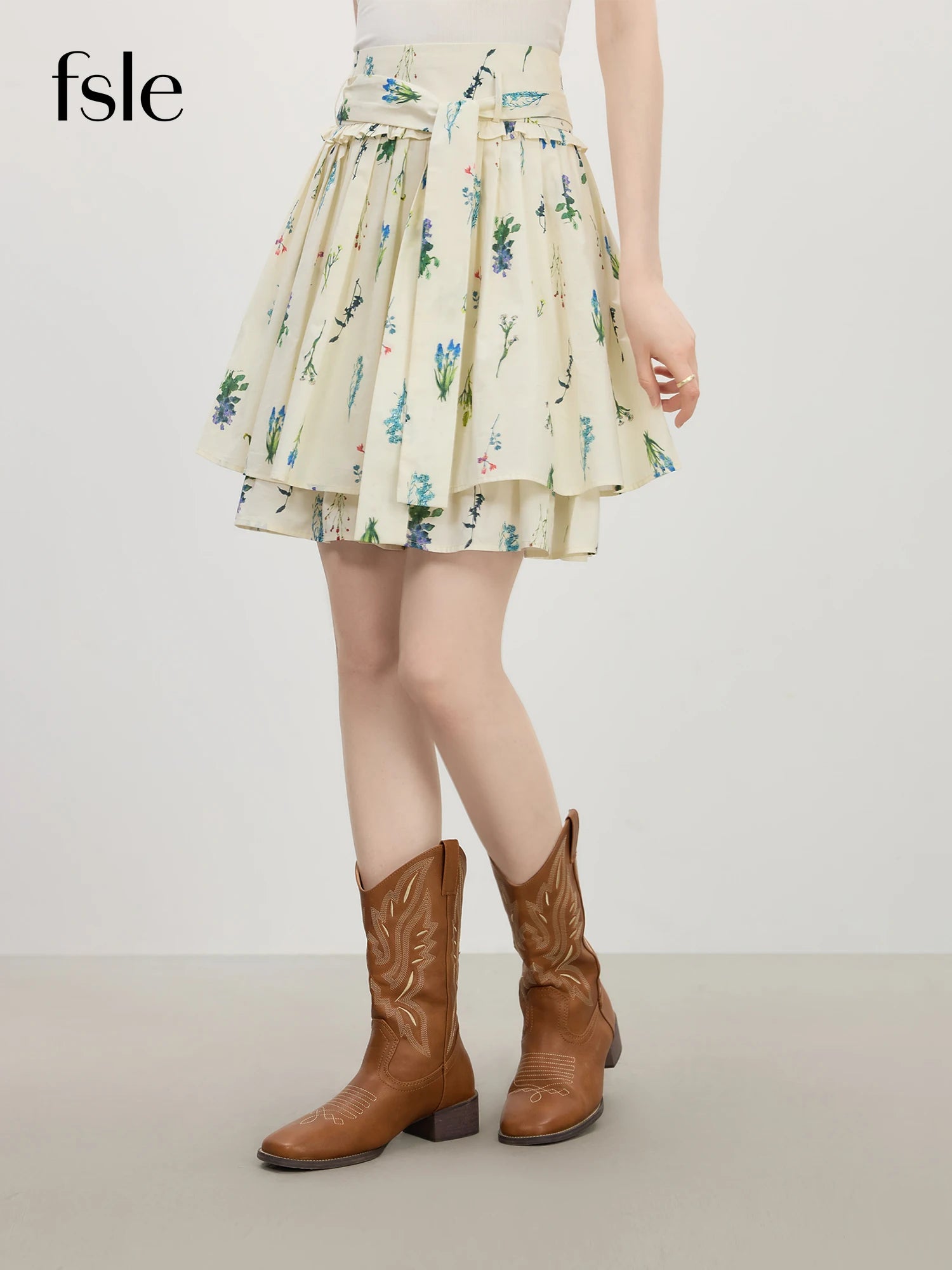 FSLE 2025 Summer Pleated Skirt Women's Printed Flared Midi Skirt Trendy Y2K Casual High Waist A-Line Skirt 25FS12786