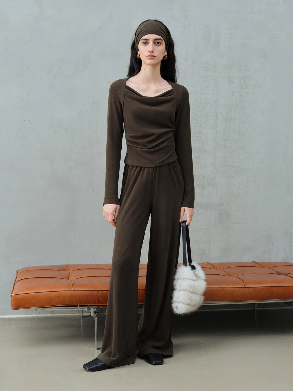 ZIQIAO 2025 Women's Knit Coordinate Set - Drop Collar Knit Top & Straight Leg Pants Office Casual Two Piece Set Elegance