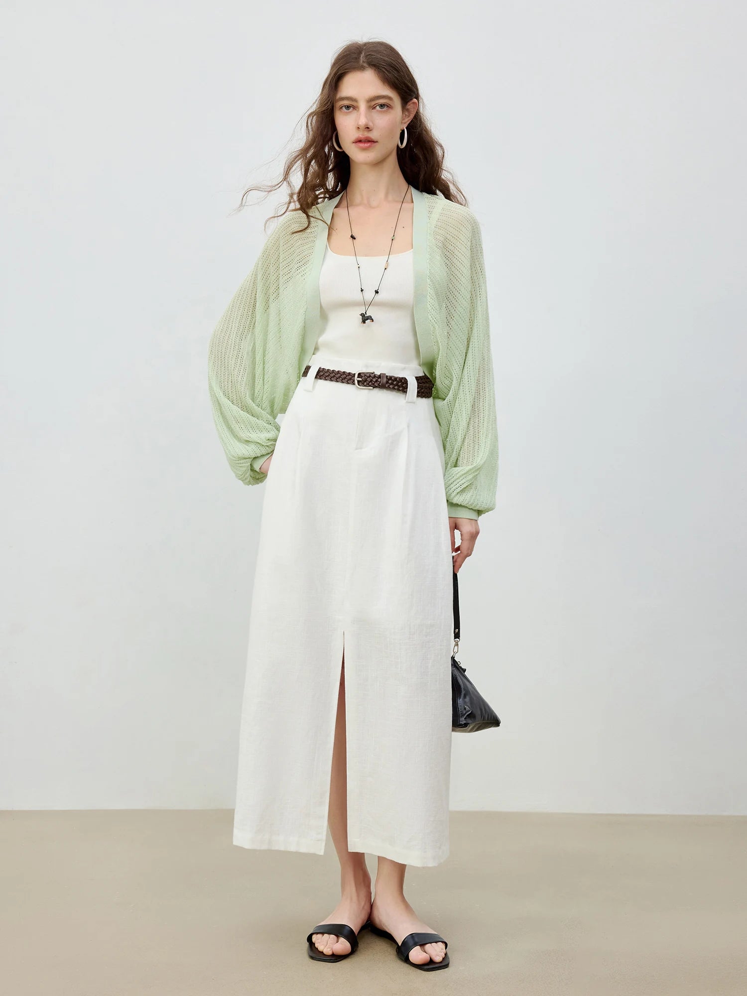 ZIQIAO 2025 Summer Women's Linen A-Line Midi Skirt - Triple Vent Hem & Breathable Styling Casual Loose Skirts 25ZQ92182