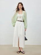ZIQIAO 2025 Summer Women's Linen A-Line Midi Skirt - Triple Vent Hem & Breathable Styling Casual Loose Skirts 25ZQ92182