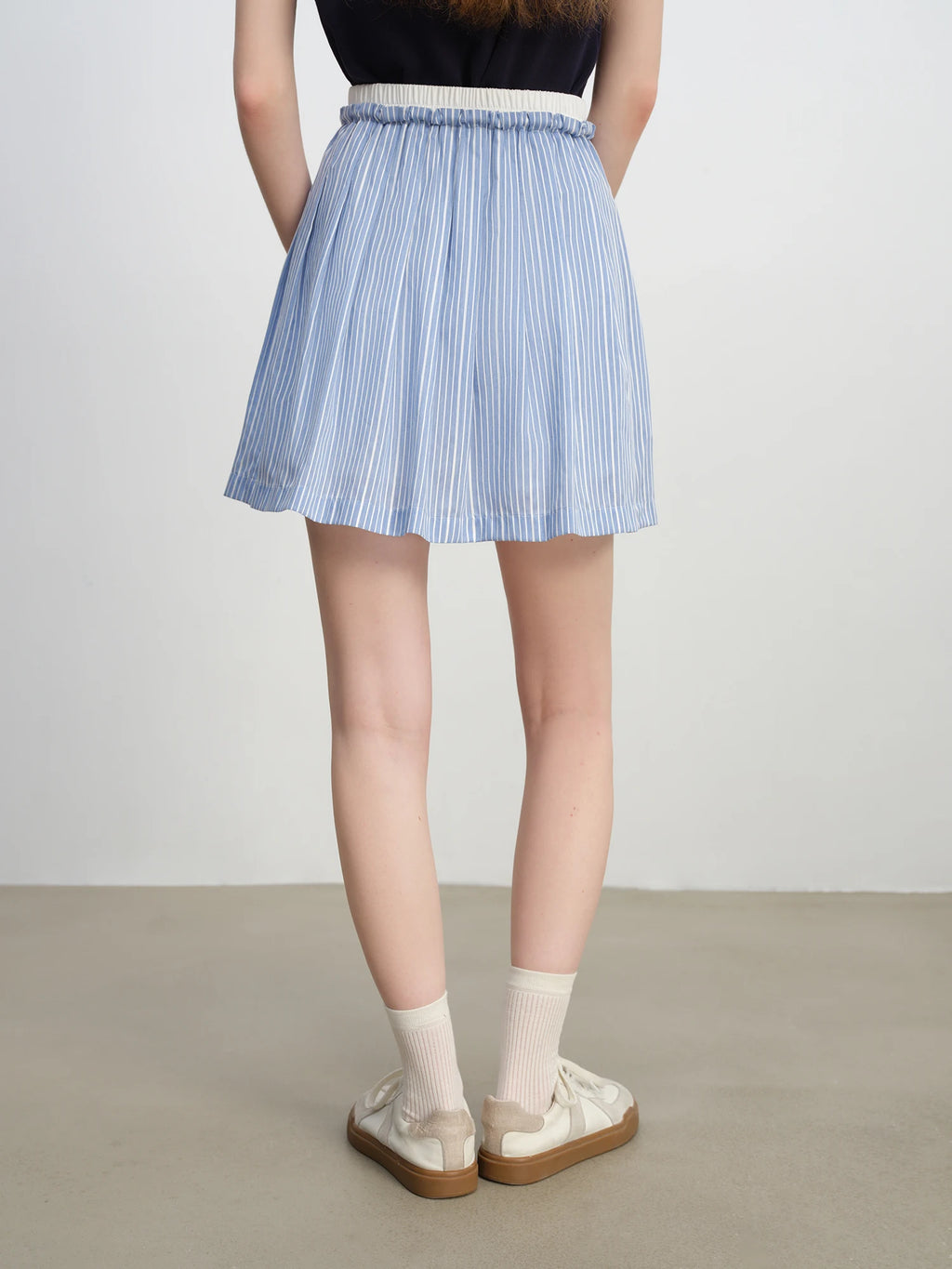 ZIQIAO New Arrival for 2025 Petite Women High-Waisted Blue Striped Pleated Mini A-Line Skirt 25ZQ92312