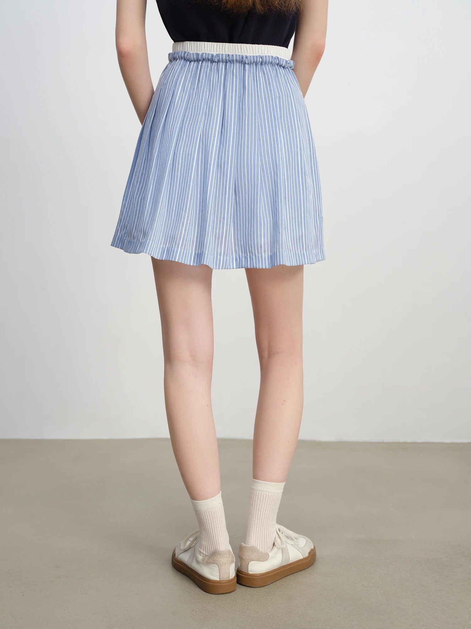 ZIQIAO New Arrival for 2025 Petite Women High-Waisted Blue Striped Pleated Mini A-Line Skirt 25ZQ92312