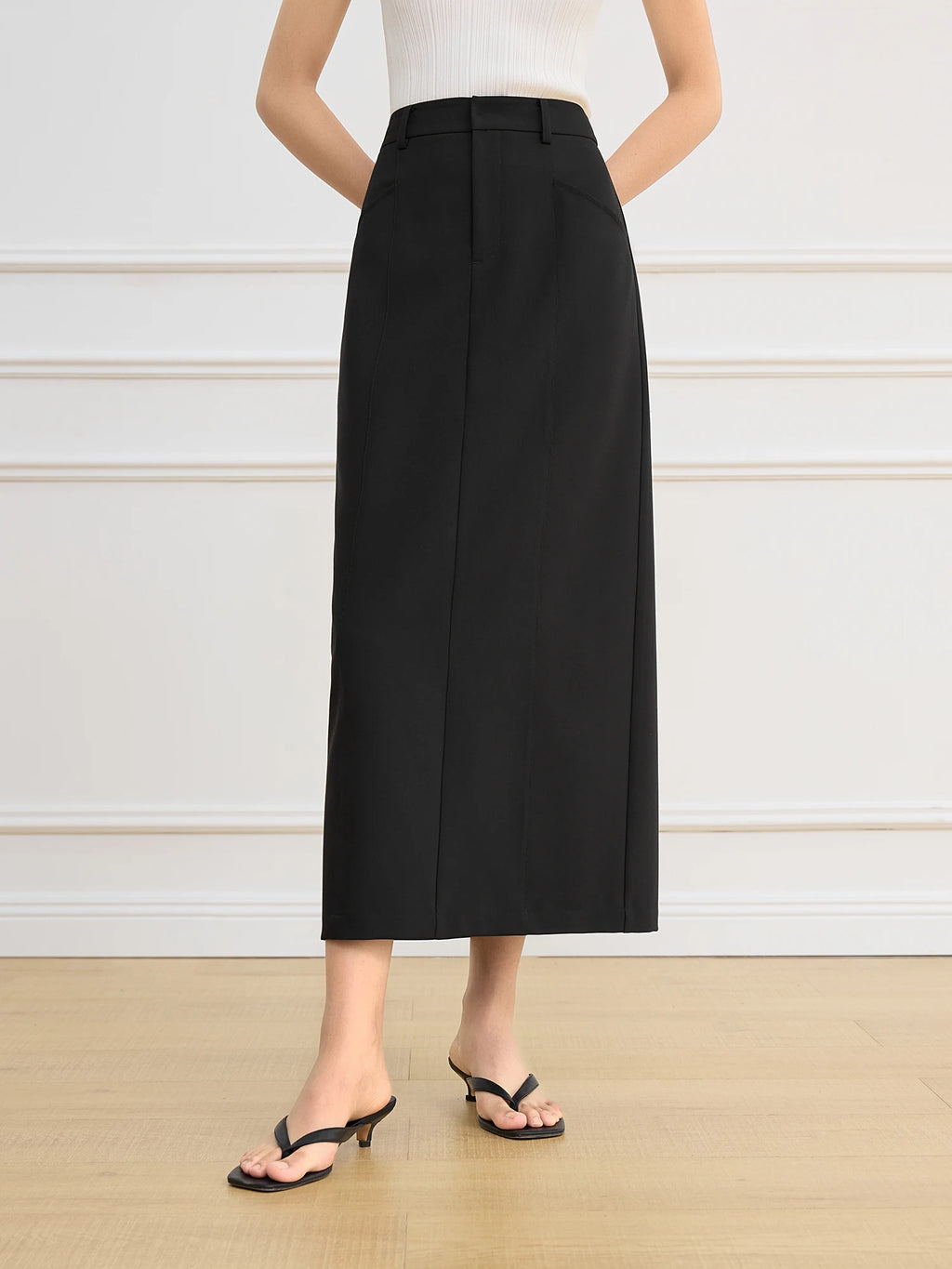 FSLE Women Black Long Skirts 2025 Spring High Waist Midi Simple Skirt Office Lady Back Spilt Design Temperament Skirt 25FS11267