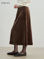 ZIQIAO French Style Black Velvet A-Line Midi Skirt for Women 2025 Autumn Winter New High-End Sense Long Hem Semi-Skirt Elegant