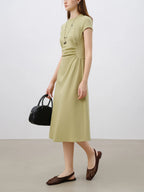 ZIQIAO 2025 SS Petite Women Slim Fit Waist-Cinching Knit Dress - Stretchy Bodycon Midi Dress Round Neck Casual Minimalist