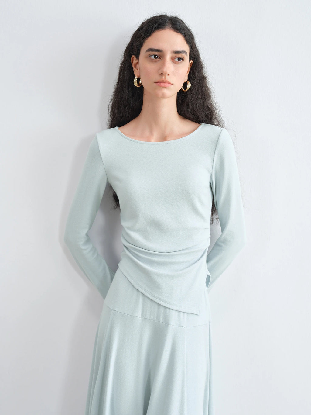 ZIQIAO Autumn 2025 Long Sleeve Set - Blue Soft Tone Matching Top & Skirt Long Length Women Casual Outfit