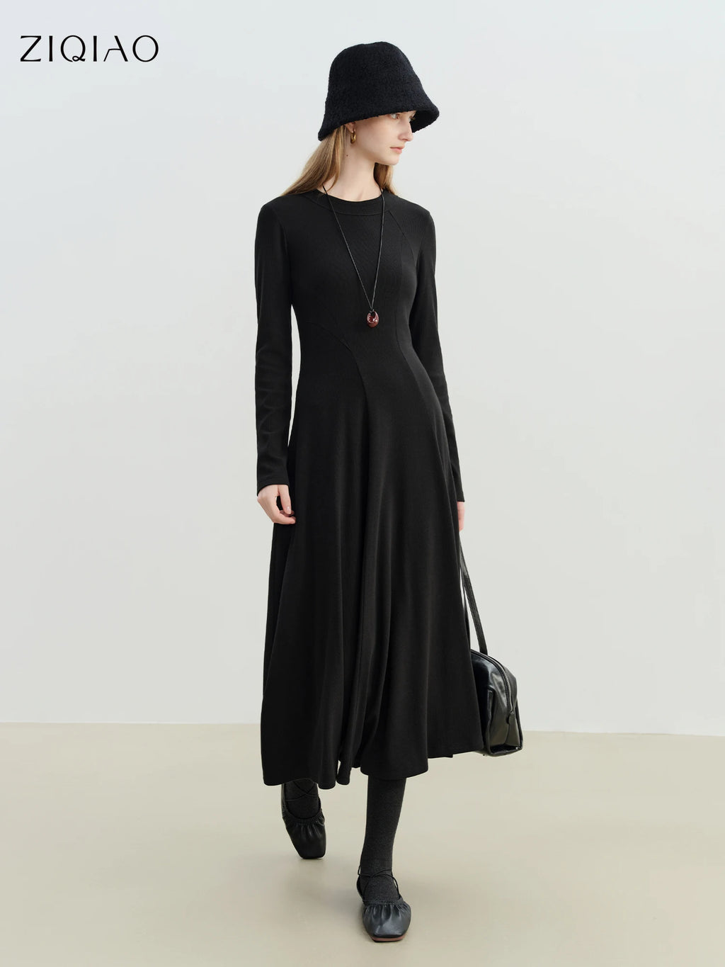 ZIQIAO 2025 Winter Women's Slim Fit Knit Dress - Round Neck Bodycon Little Black Dress Tummy Control Waist Elegant Mid-Length