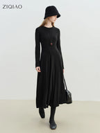 ZIQIAO 2025 Winter Women's Slim Fit Knit Dress - Round Neck Bodycon Little Black Dress Tummy Control Waist Elegant Mid-Length