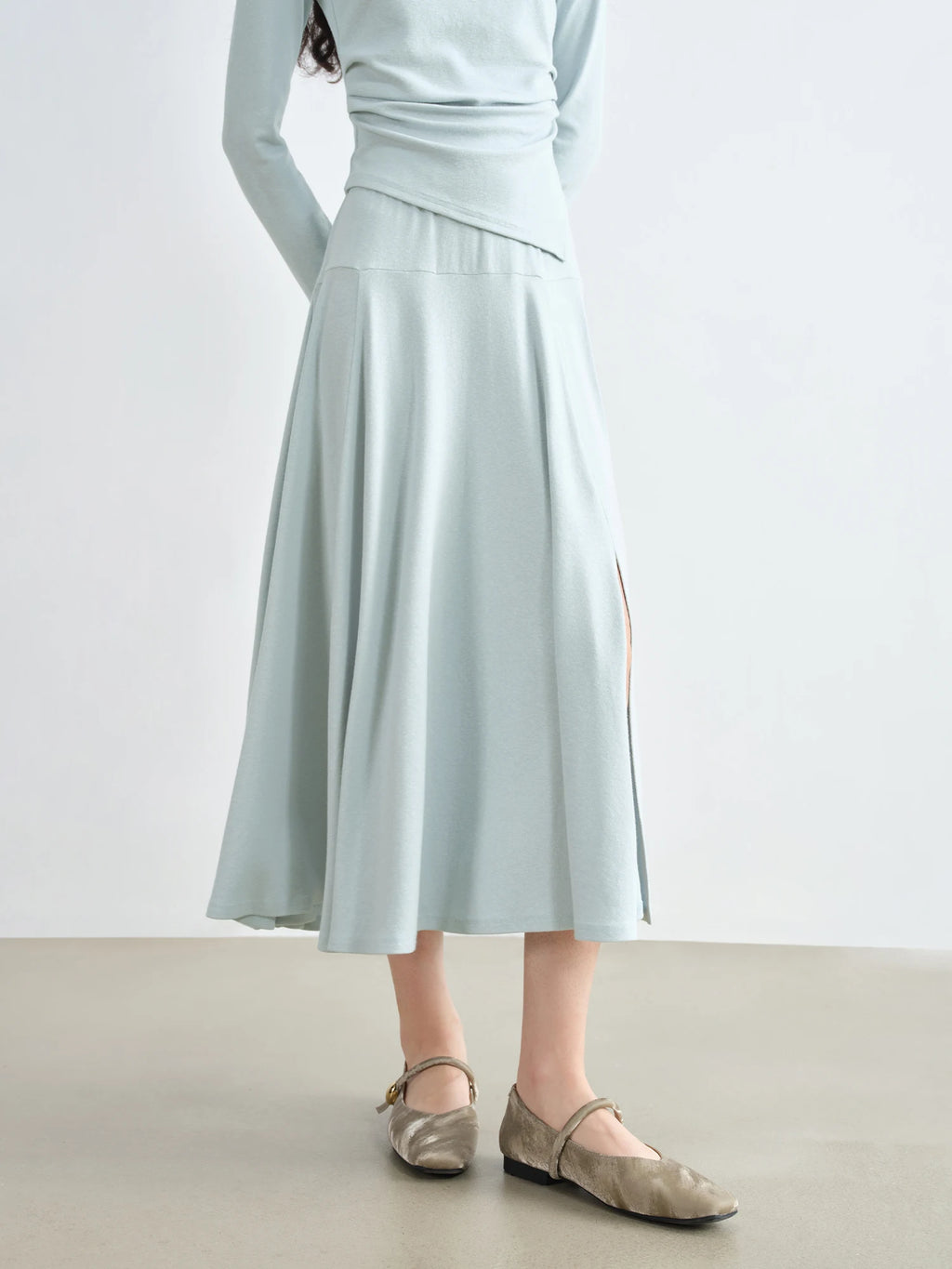 ZIQIAO Autumn 2025 Long Sleeve Set - Blue Soft Tone Matching Top & Skirt Long Length Women Casual Outfit