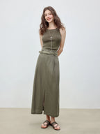ZIQIAO 2025 Summer Women's Linen A-Line Midi Skirt - Triple Vent Hem & Breathable Styling Casual Loose Skirts 25ZQ92182