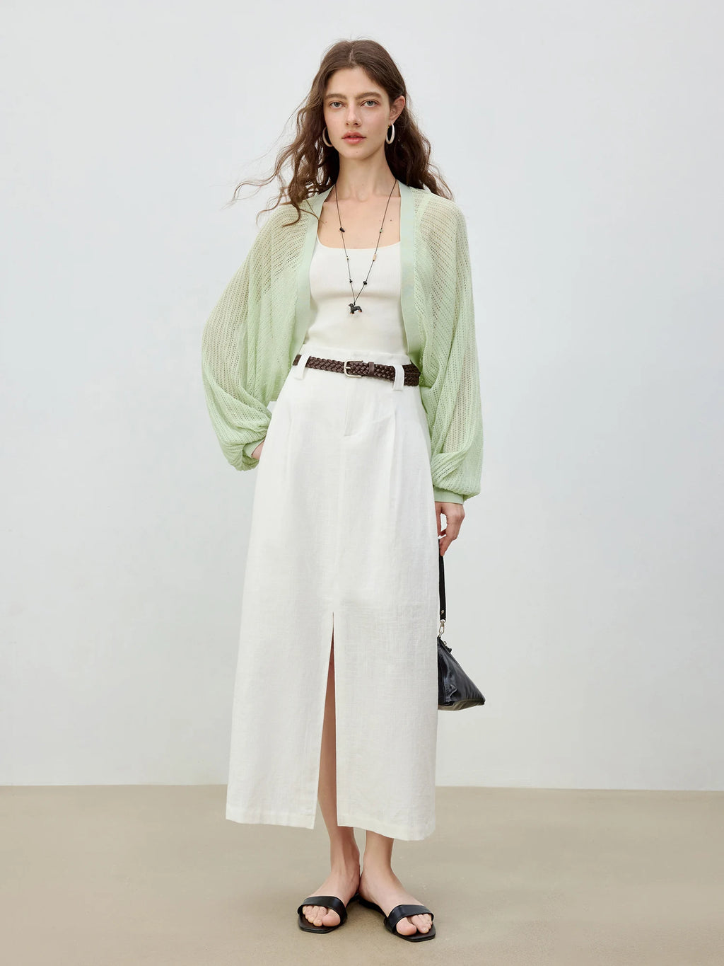 ZIQIAO 2025 Summer Women's Linen A-Line Midi Skirt - Triple Vent Hem & Breathable Styling Casual Loose Skirts 25ZQ92182
