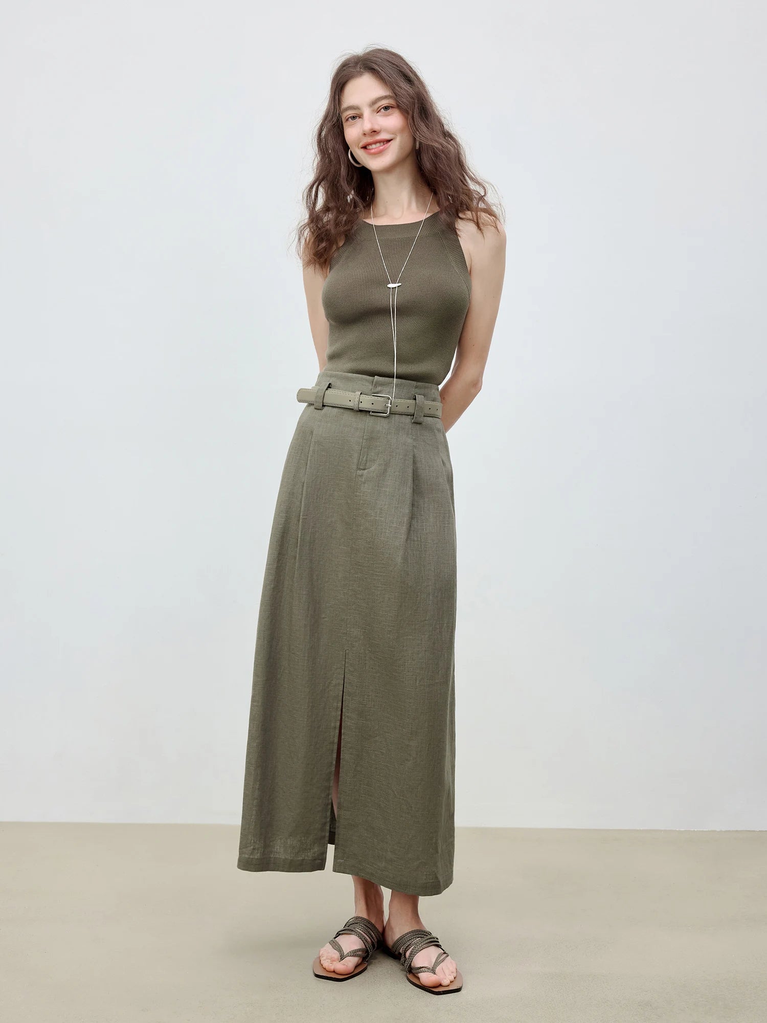 ZIQIAO 2025 Summer Women's Linen A-Line Midi Skirt - Triple Vent Hem & Breathable Styling Casual Loose Skirts 25ZQ92182