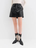 FSLE 2025 Winter Women High Waist A-Line Short Skirt in Faux Leather - Versatile Flattering Stretch Mini Skirt for Daily Casual