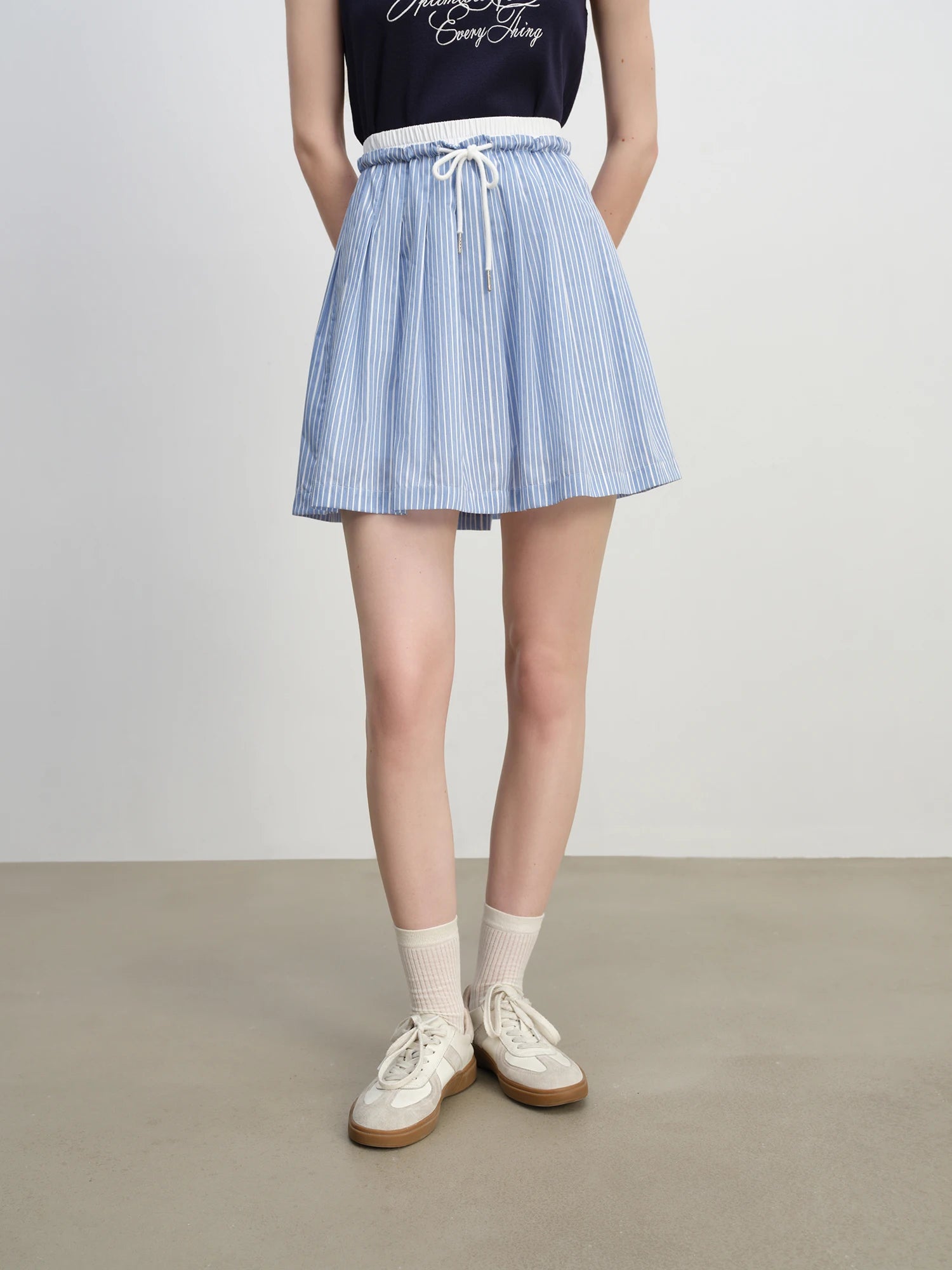 ZIQIAO New Arrival for 2025 Petite Women High-Waisted Blue Striped Pleated Mini A-Line Skirt 25ZQ92312