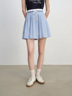 ZIQIAO New Arrival for 2025 Petite Women High-Waisted Blue Striped Pleated Mini A-Line Skirt 25ZQ92312